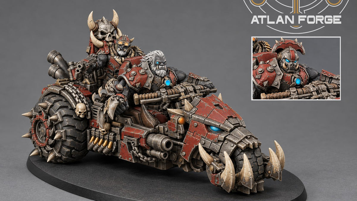 Painted miniature side profile with detail inset showing the rear rider's masked face and glowing blue shoulder lens.