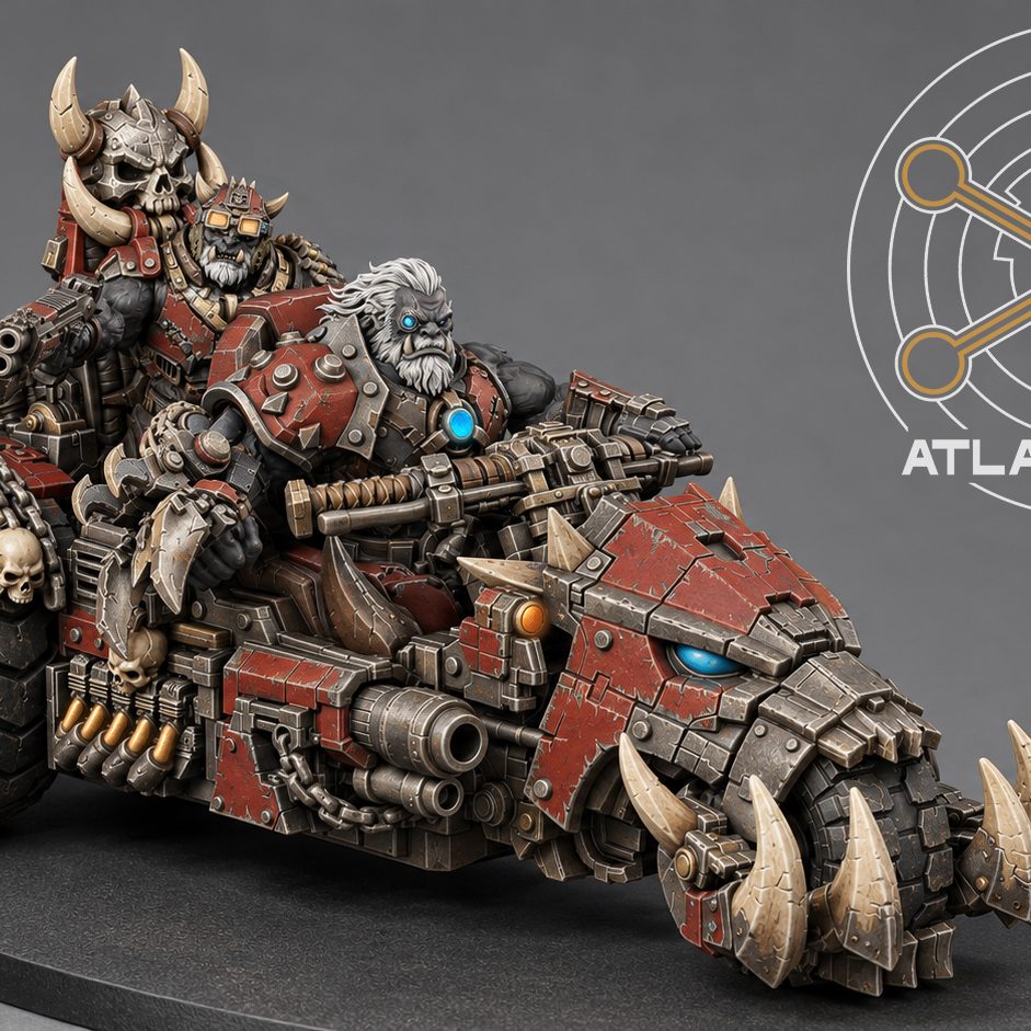 Grokk Gorecharger painted resin miniature, front three-quarter view showing red armour, tusked beast-head bike nose, and dual crew riders.