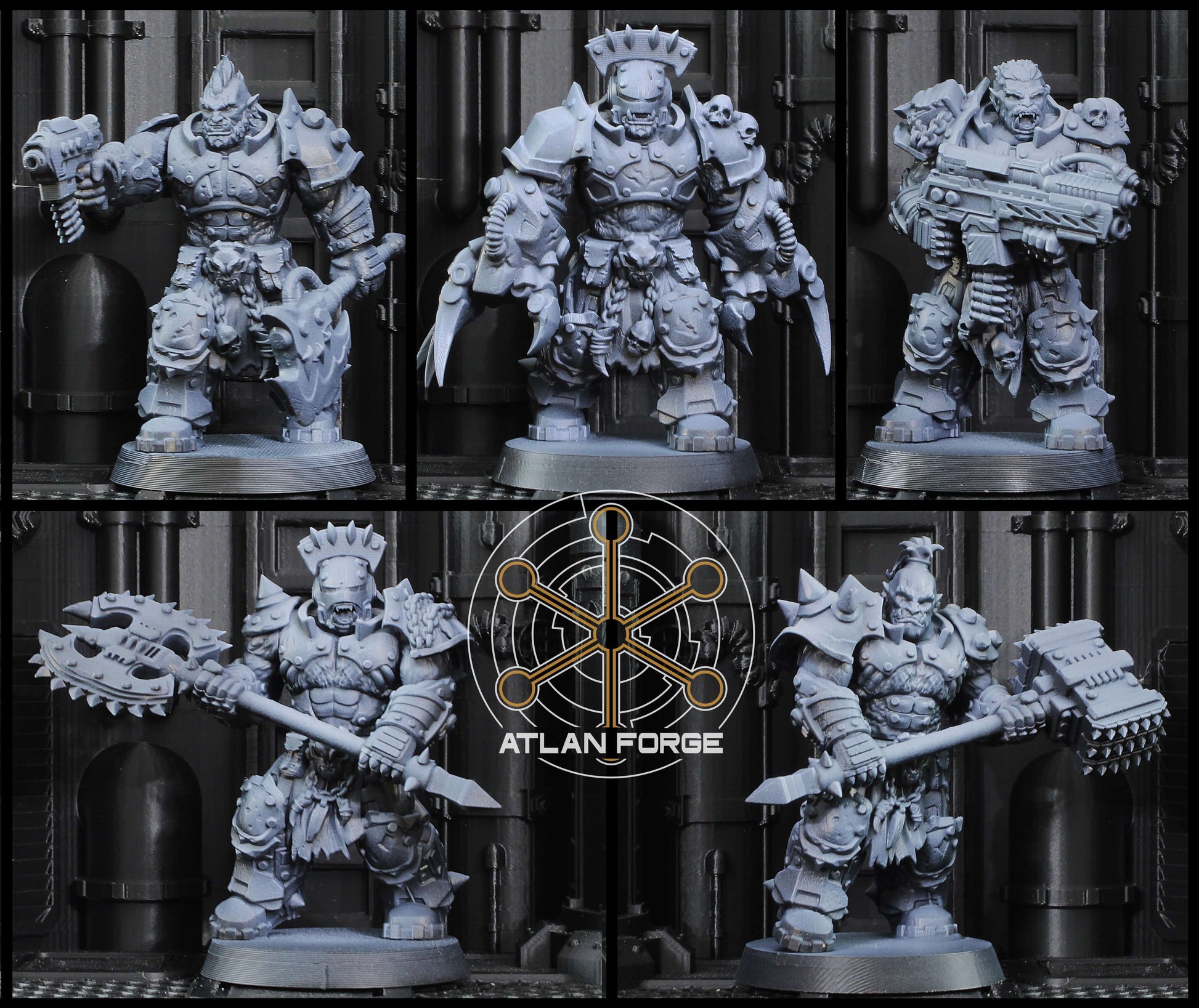 Grokk Warborn squad of five heavily armed sci-fi brute warrior resin miniatures with modular magnet-ready weapon options
