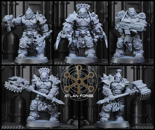 Grokk Warborn squad of five heavily armed sci-fi brute warrior resin miniatures with modular magnet-ready weapon options