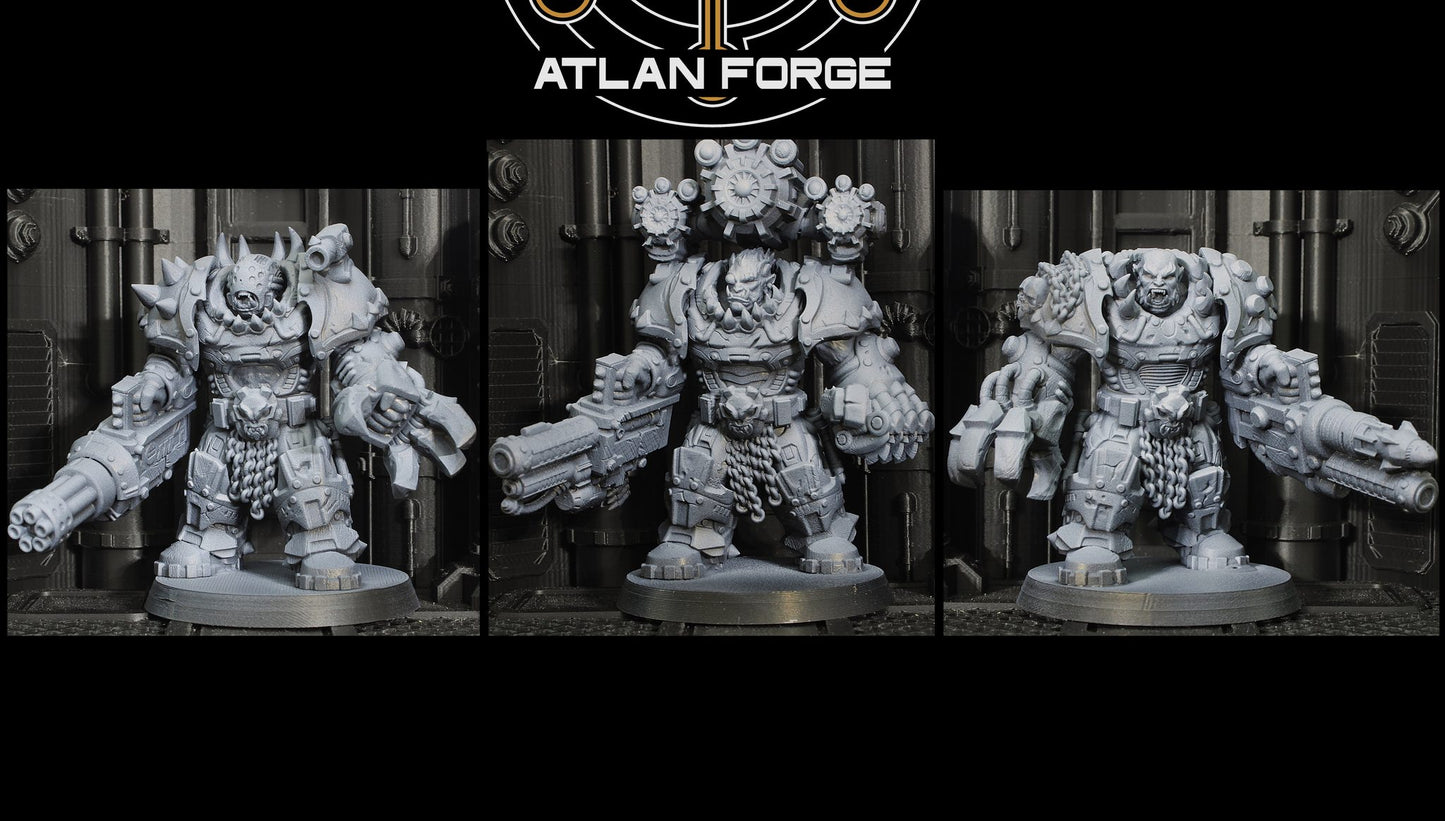 Unpainted grey resin Grokk Warborn Bonebreakers trio showing three distinct sculpts with weapons and head variants