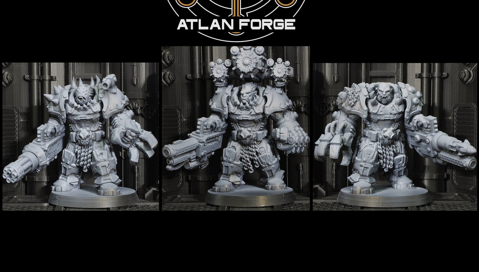 Unpainted grey resin Grokk Warborn Bonebreakers trio showing three distinct sculpts with weapons and head variants