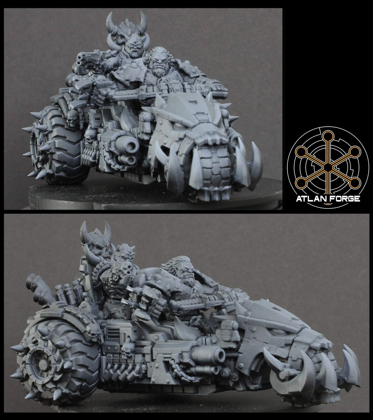Assembled but unpainted Grokk Gorecharger from front and side angles, showing skull wheel details and tusked bike front in grey resin.