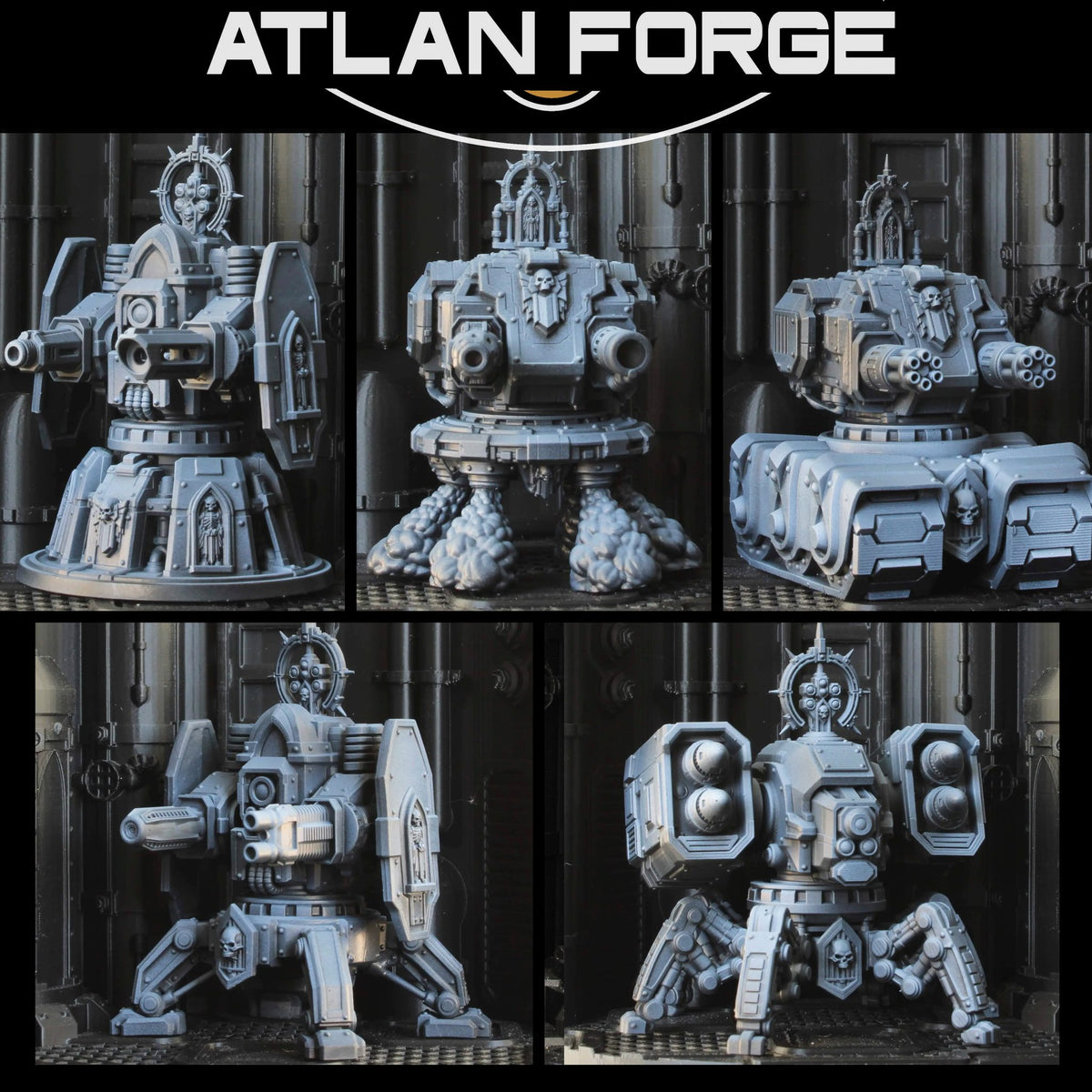Atlan Sentry Guns five-model squad shown in grey resin across multiple platform configurations, front view