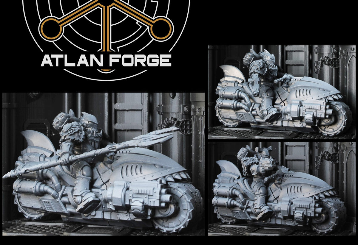 Wai Toa Bikers resin miniature squad of three shark-themed war bikes, grey resin, multiple angles shown