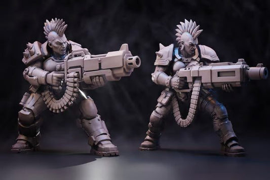 Ballad of the Street Cats Heavy Gunners, two unpainted resin renders shown side by side in wide-legged firing stances, 32mm scale