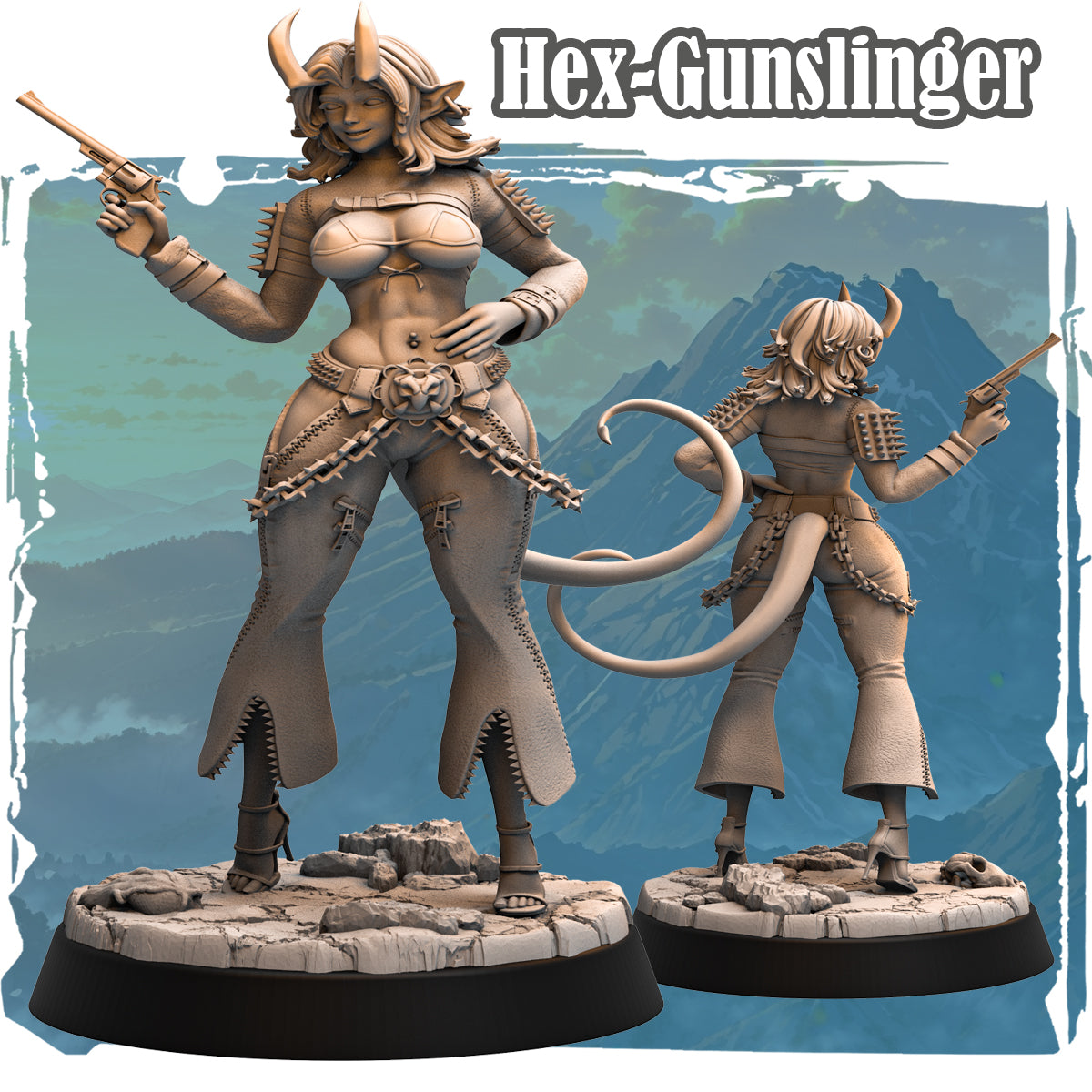 Forgotten Champions Hex Gunslinger tiefling fighter 32mm resin miniature front and back view showing twin revolvers horns tail spiked armour and chain belt