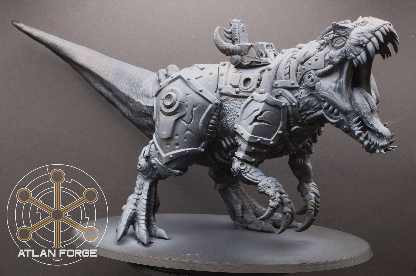 Cybernetic Allosaur armoured dinosaur mount resin miniature with rider, modular weapons and magnet-ready weapon hardpoints
