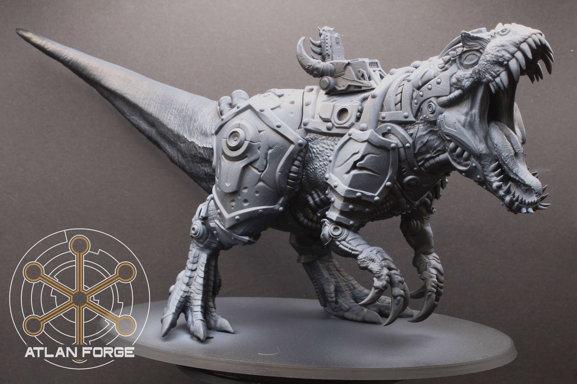 Cybernetic Allosaur armoured dinosaur mount resin miniature with rider, modular weapons and magnet-ready weapon hardpoints