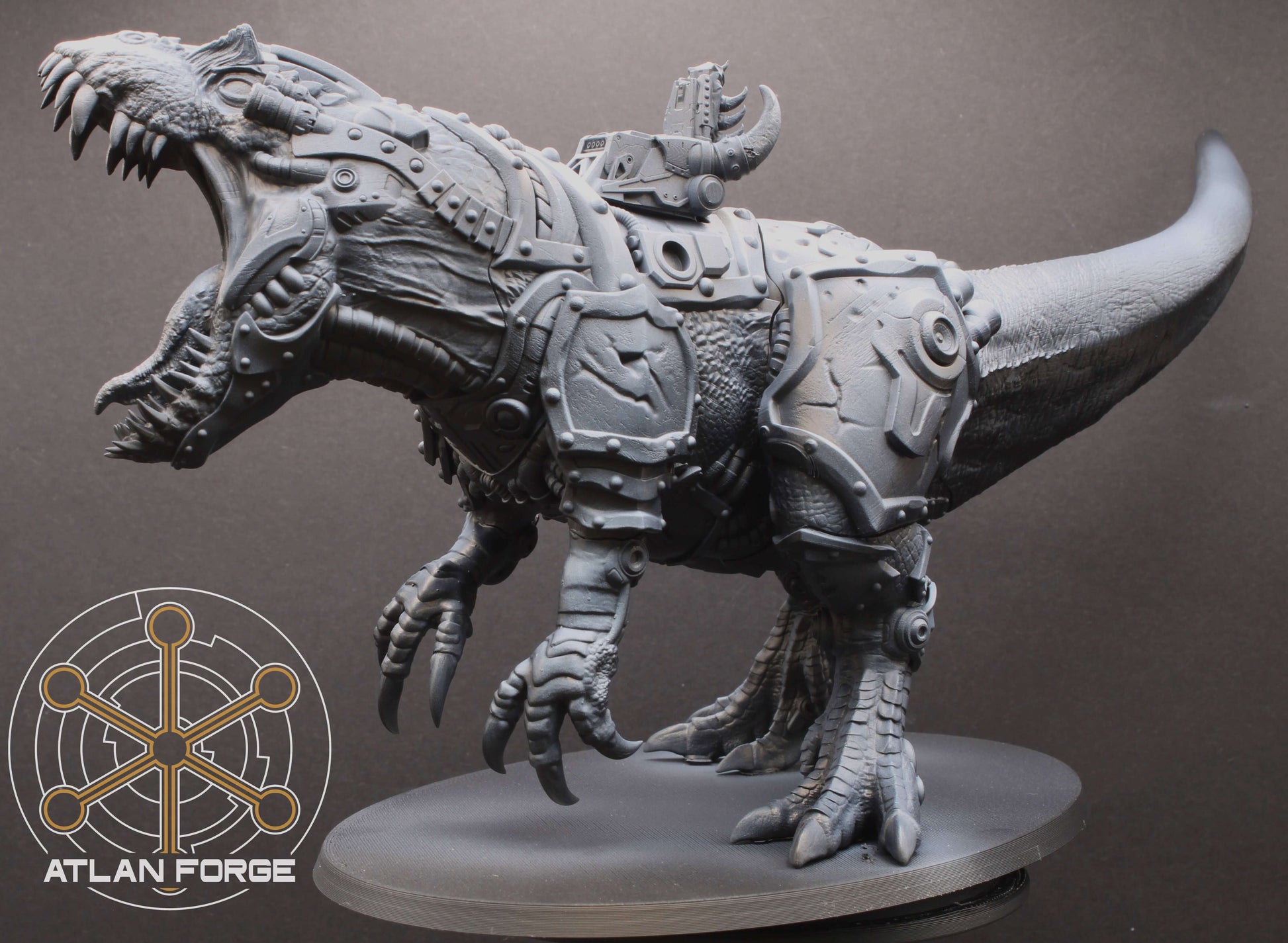 Cybernetic Allosaur armoured dinosaur mount resin miniature with rider, modular weapons and magnet-ready weapon hardpoints
