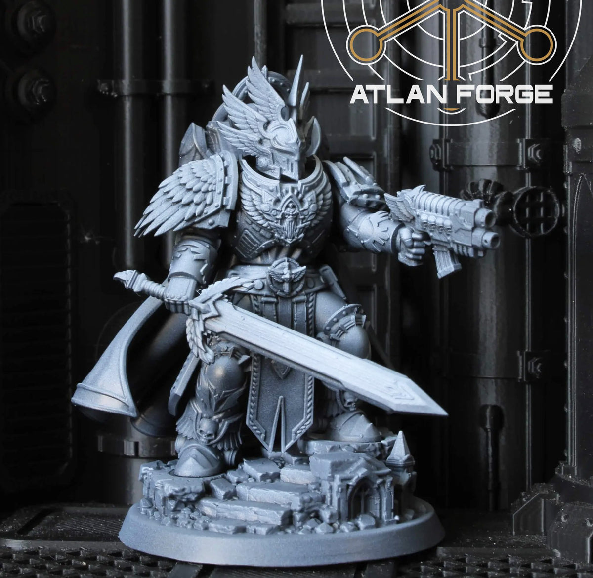 Printed and cleaned Angelic High Commander physical resin miniature photographed with ranged weapon loadout option