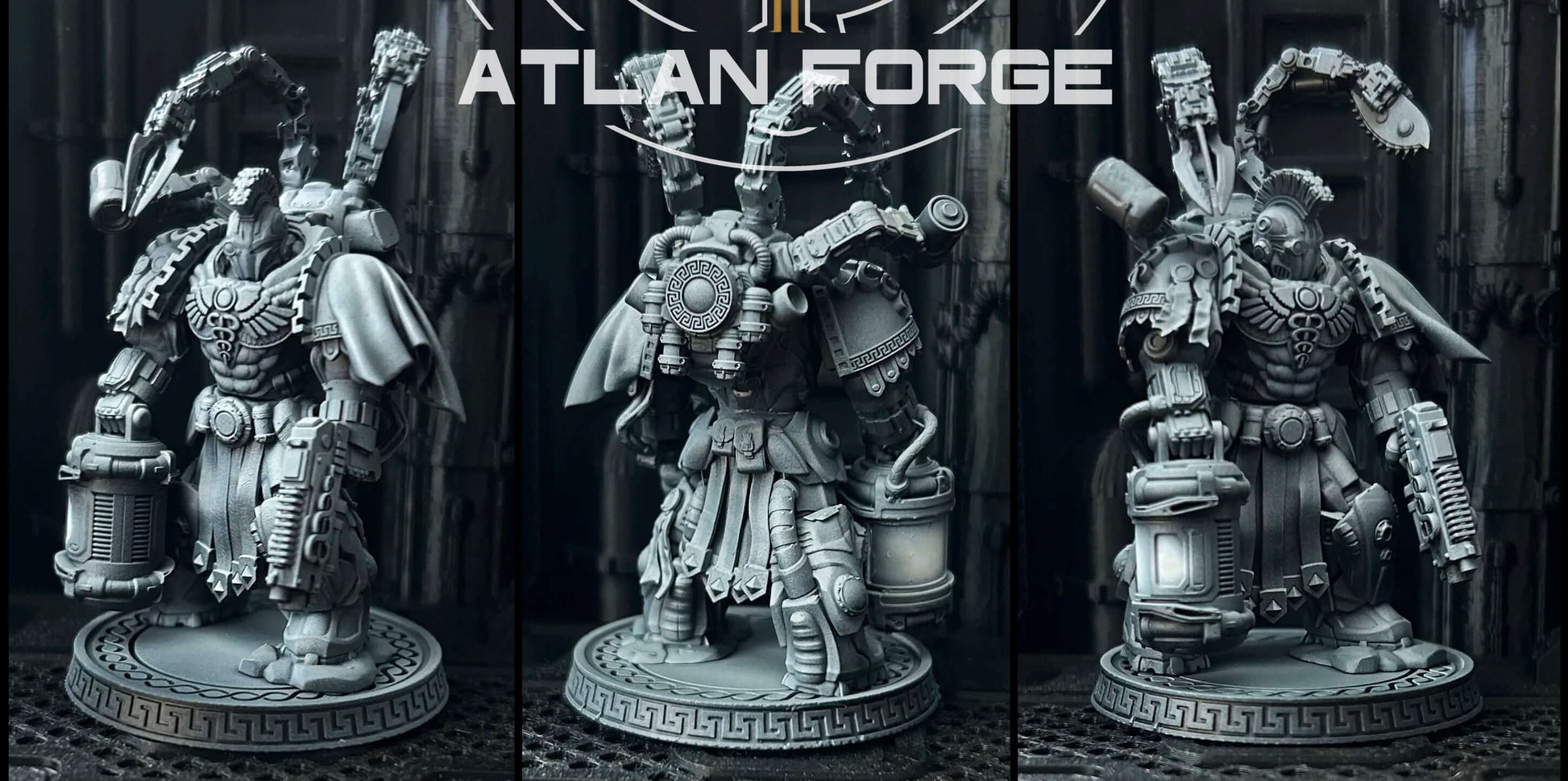 Minoan Aegis Therapeuo sci-fi miniature model in grey resin, ideal for tabletop wargaming, featuring ornate details.