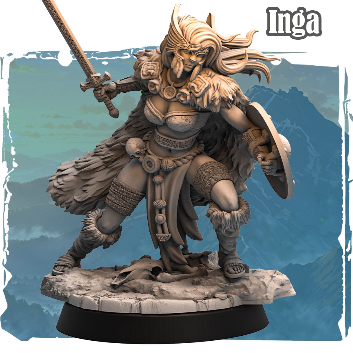 Forgotten Champions Inga Human Barbarian resin miniature with feathered cloak, horned helm, longsword and round shield on scenic bone-strewn base
