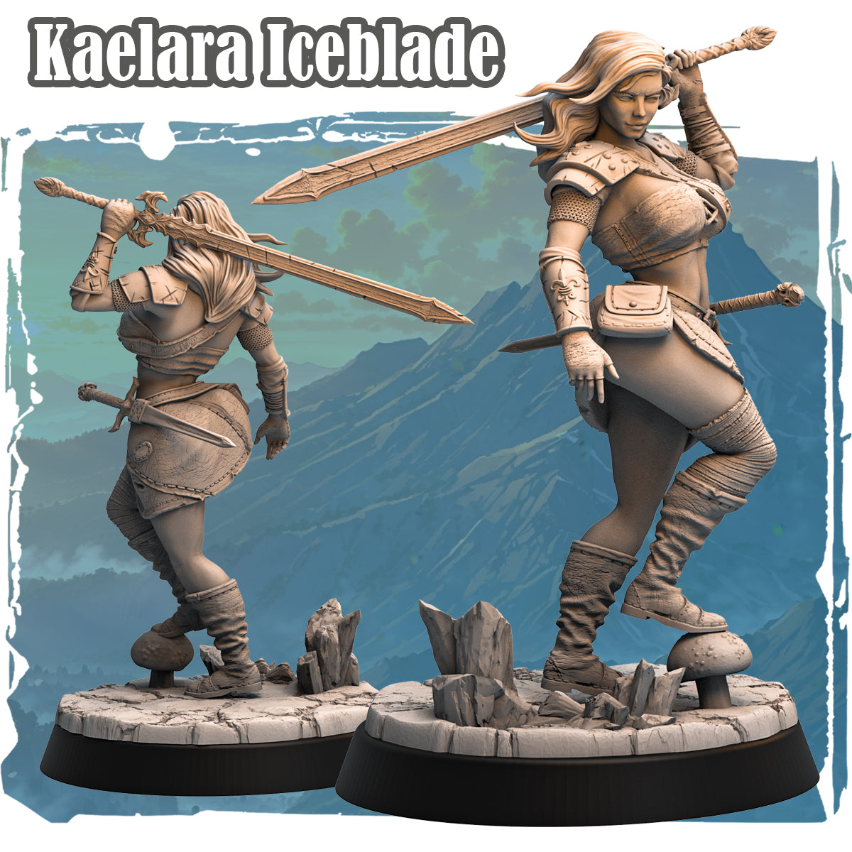 Forgotten Champions Kaelara Iceblade Human Barbarian resin miniature on 40mm base, sword raised, front and rear view