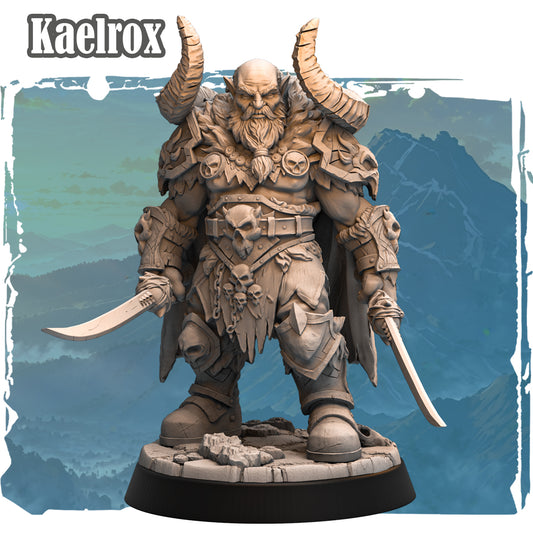 Kaelrox Champion dwarf fighter resin miniature front and rear views showing horned armour, dual blades, and skull trophies