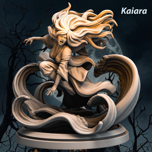 75mm fantasy pinup figurine Kaiara, showcasing her wild water magic and flowing hair amidst detailed ocean waves.