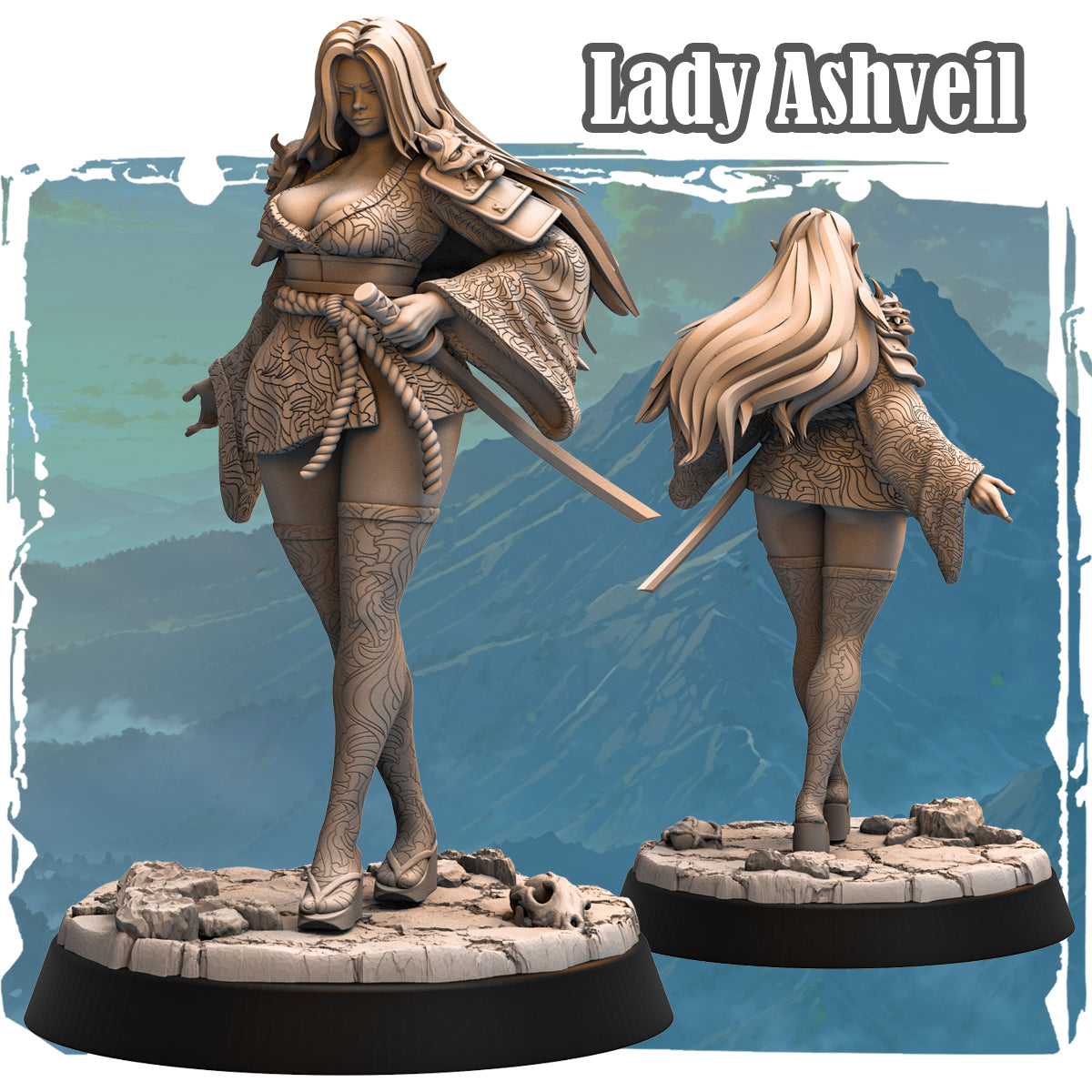 Forgotten Champions Lady Ashveil Samurai resin miniature front and back view showing intricate tattoo detail and katana pose on rocky base