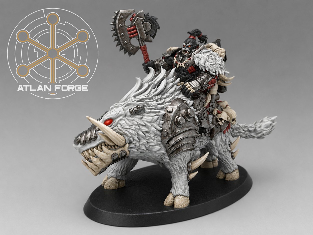 White-furred warboar rider with toothed axe raised, front three-quarter view showing full mount and rider detail