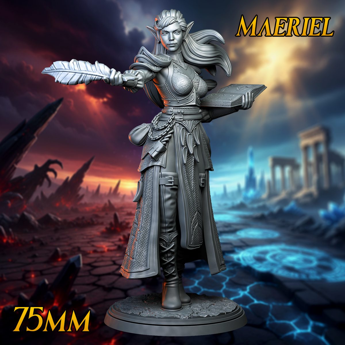 Maeriel 75mm resin miniature, elven magic caster holding a glowing feather quill and open tome, front view
