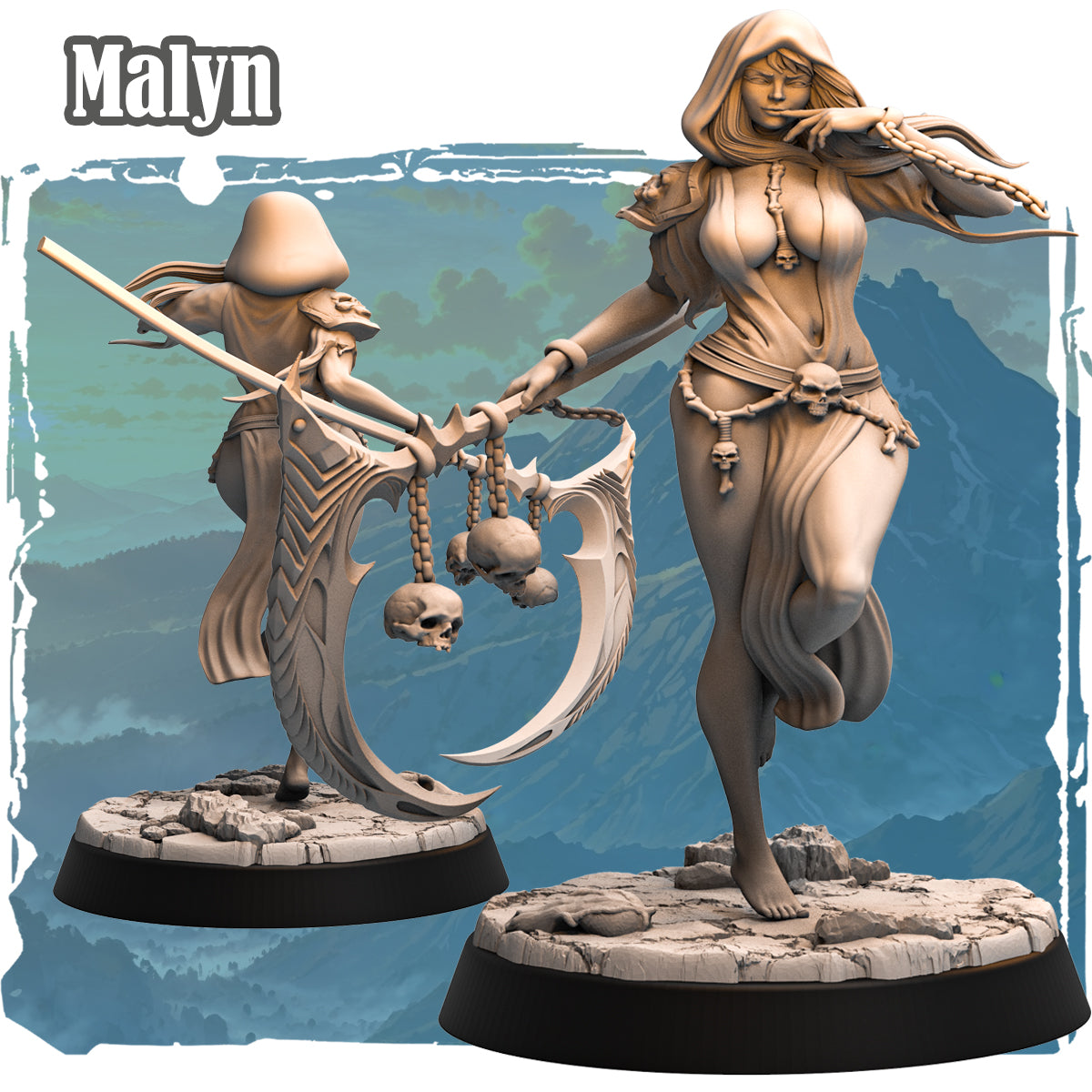 Forgotten Champions Malyn Vilechant Human Witch 32mm resin miniature with bone scythe skull totems and hooded robes sculpted by Haito