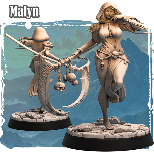 Malyn Vilechant Human Witch 32mm resin miniature, two-pose dark fantasy sculpt with scythe and skull chain whip