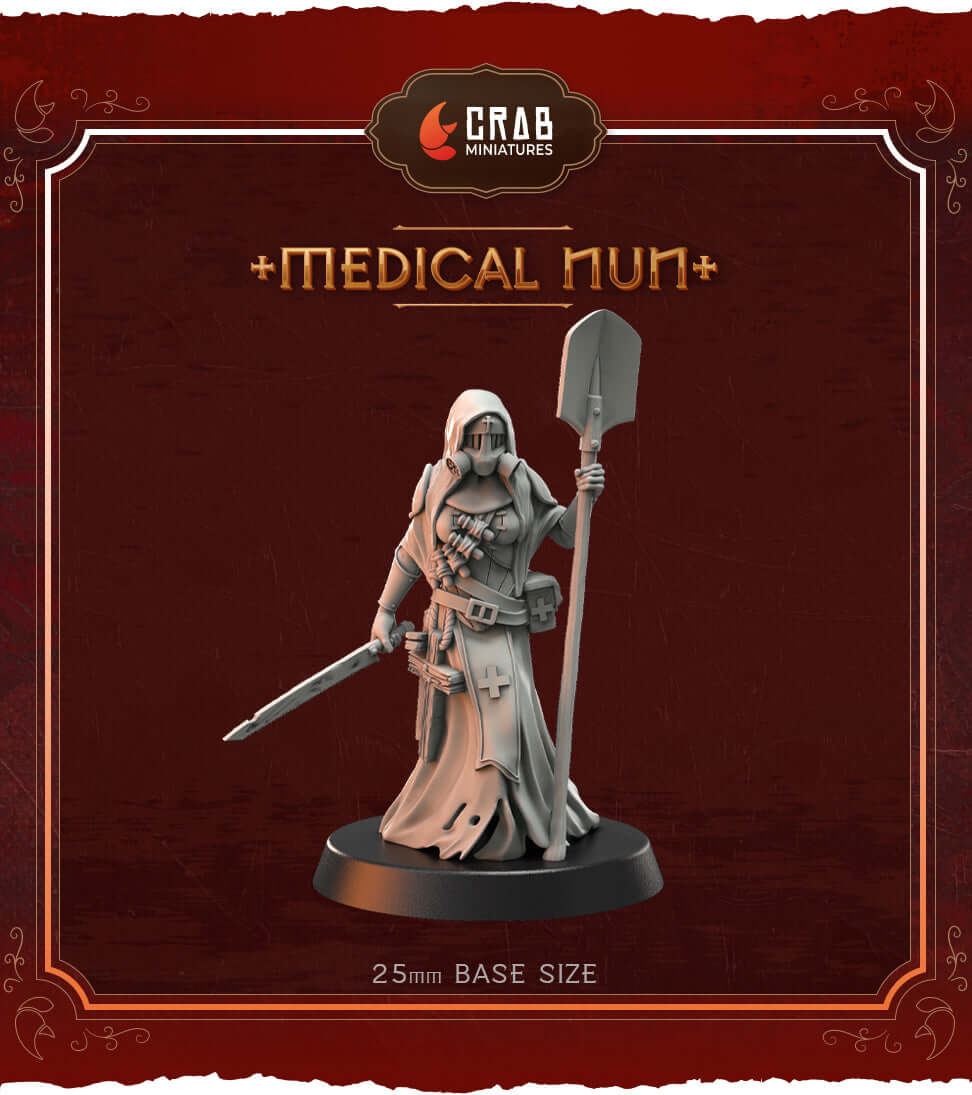 Medic Nun miniature by Crab Miniatures, 25mm base, designed for grimdark trench-themed wargames and gothic horror battles.