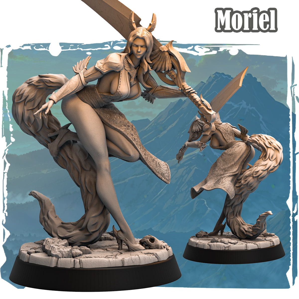 Forgotten Champions Moriel Ashfeather Celestial Paladin 32mm resin miniature sculpted by Haito, female tiefling-inspired warrior with great sword and feathered cloak