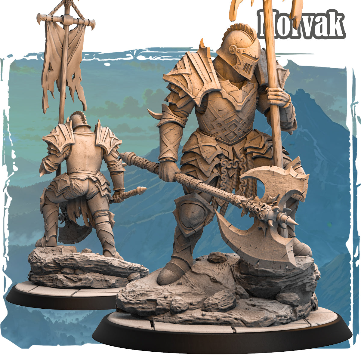 Forgotten Champions Morvak the Ruinborn Giant resin miniature showing two poses of a heavily armoured giant warrior wielding a dragon skull axe and tattered banner on rocky rubble bases