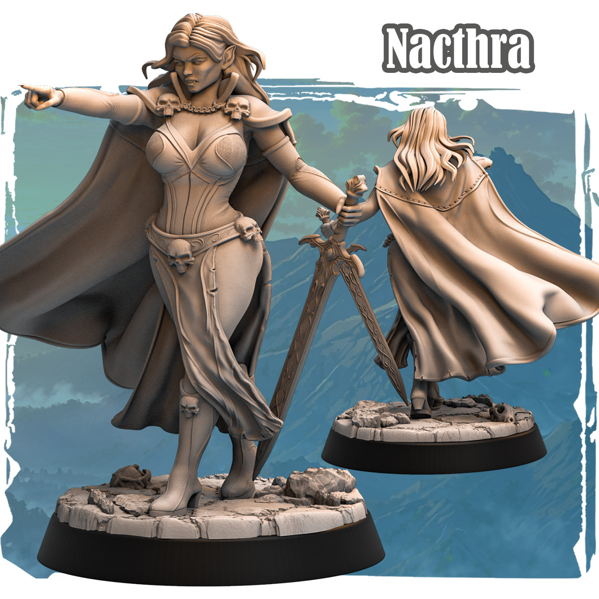 Forgotten Champions Nocthra Vampire Fighter 32mm resin miniature front and rear view showing skull details ornate greatsword and flowing cape sculpted by Haito