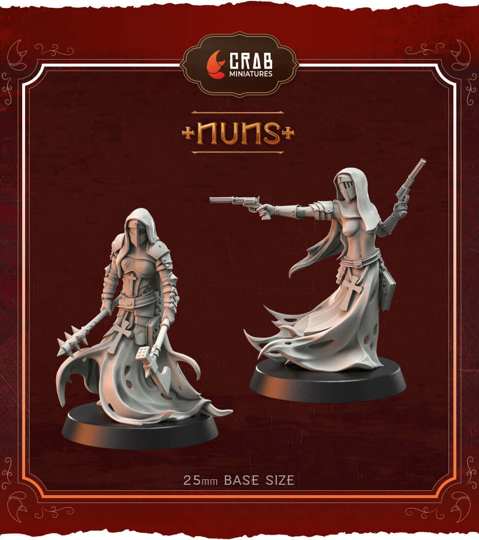 Nuns miniatures designed by Crab Miniatures, detailed female warrior figures for gothic horror wargames, featuring 25mm bases.