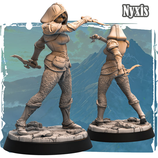 Nyxis rogue assassin 32mm resin miniature dual blades hooded