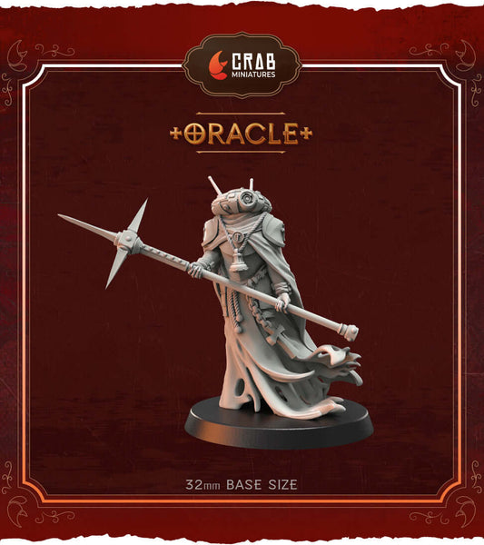 Oracle miniature by Crab Miniatures, trench-themed wargame model with 32mm base, made from durable grey resin.