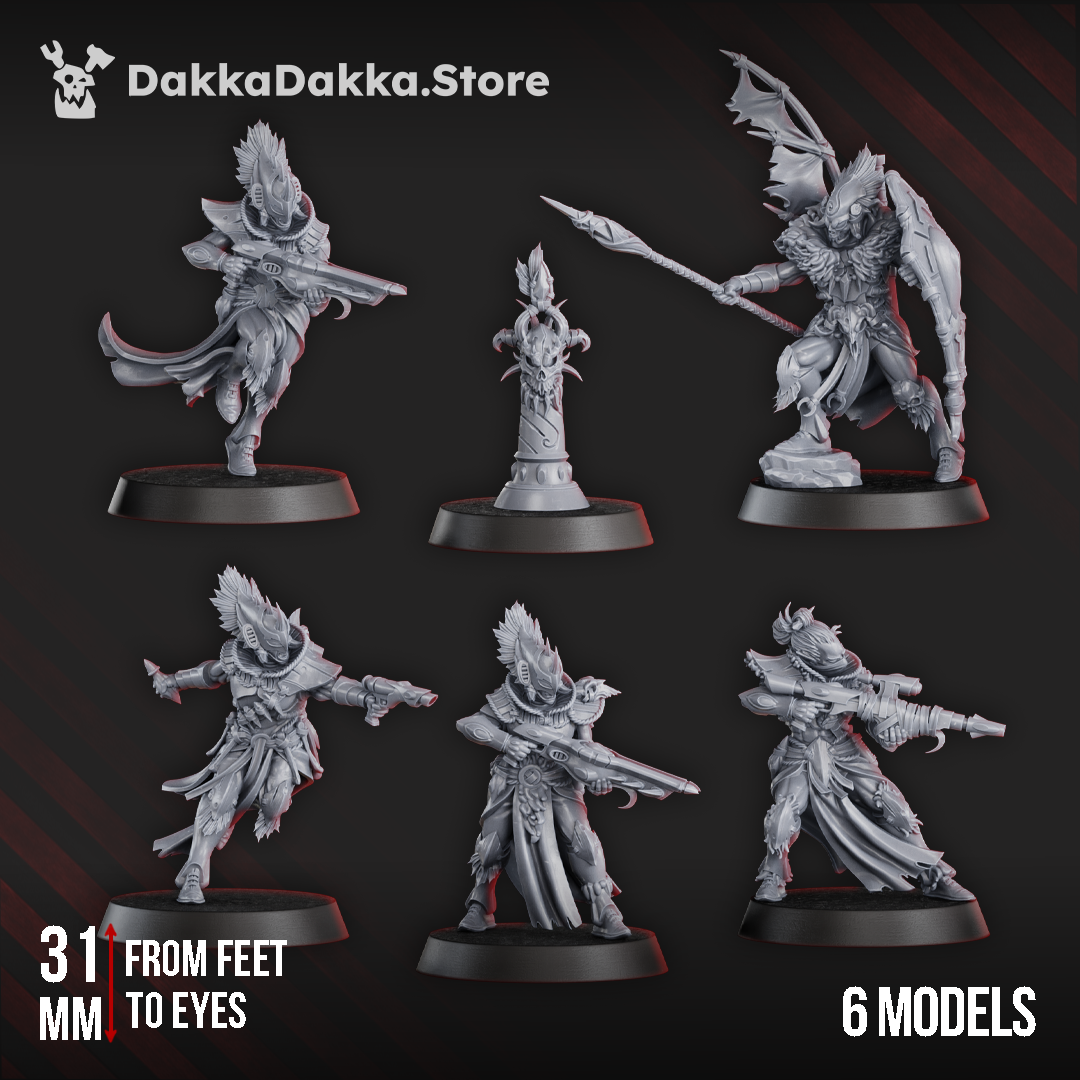 Gothic Sci-Fi Space Elf Warriors models, 31mm from feet to eyes, showcasing 6 detailed figures.