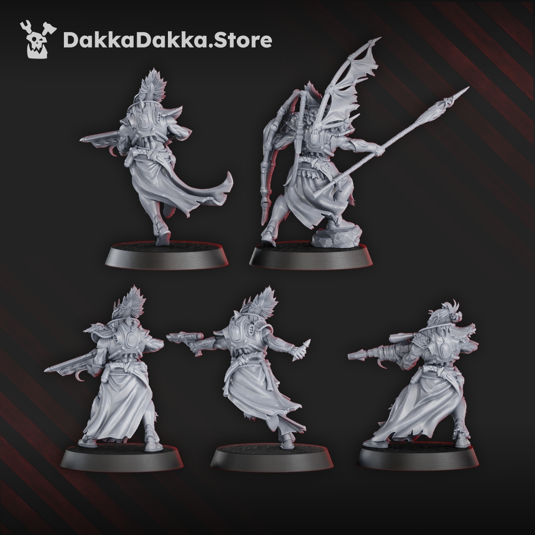 Gothic Sci-Fi Space Elf Warriors models, 31mm from feet to eyes, showcasing 6 detailed figures.