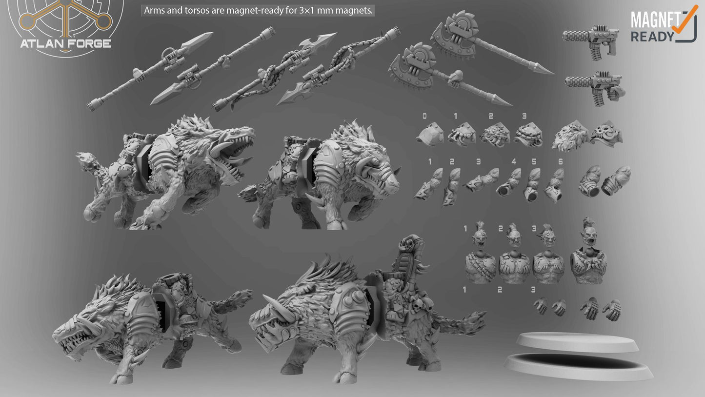 Grey render showing all warboar body variants, rider torsos, heads, arms, and weapon options for the full kit