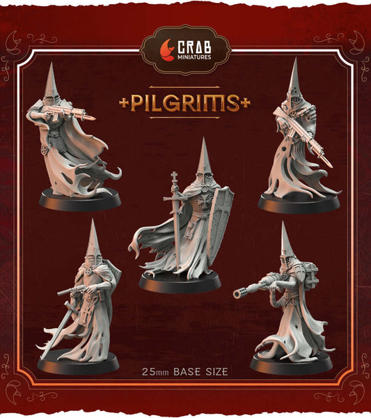 Pilgrims Grimdark Crusade Miniatures by Crab Miniatures, five holy warrior figures on 25mm bases in grey resin.