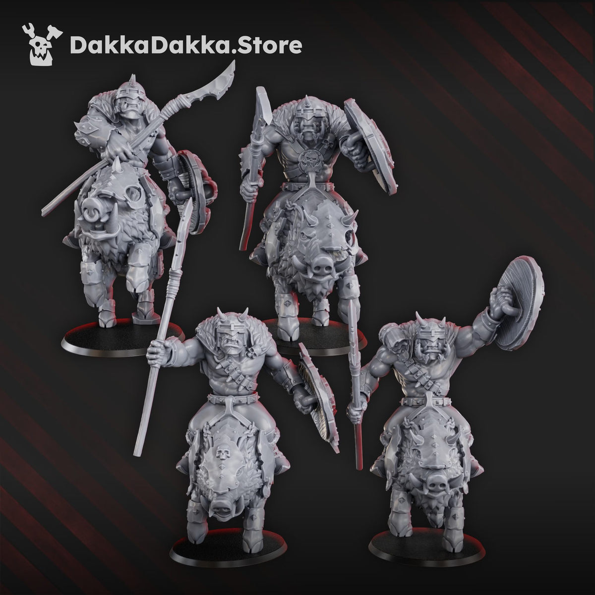 Porkaz Riderz set of five grey resin miniatures including two boar-mounted cavalry and three infantry, front view