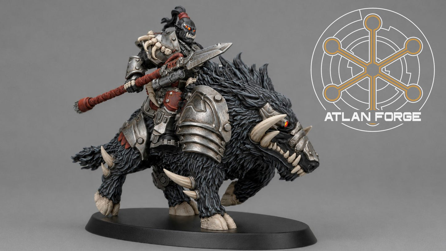 Black warboar rider with long spear levelled, side profile view on oval display base