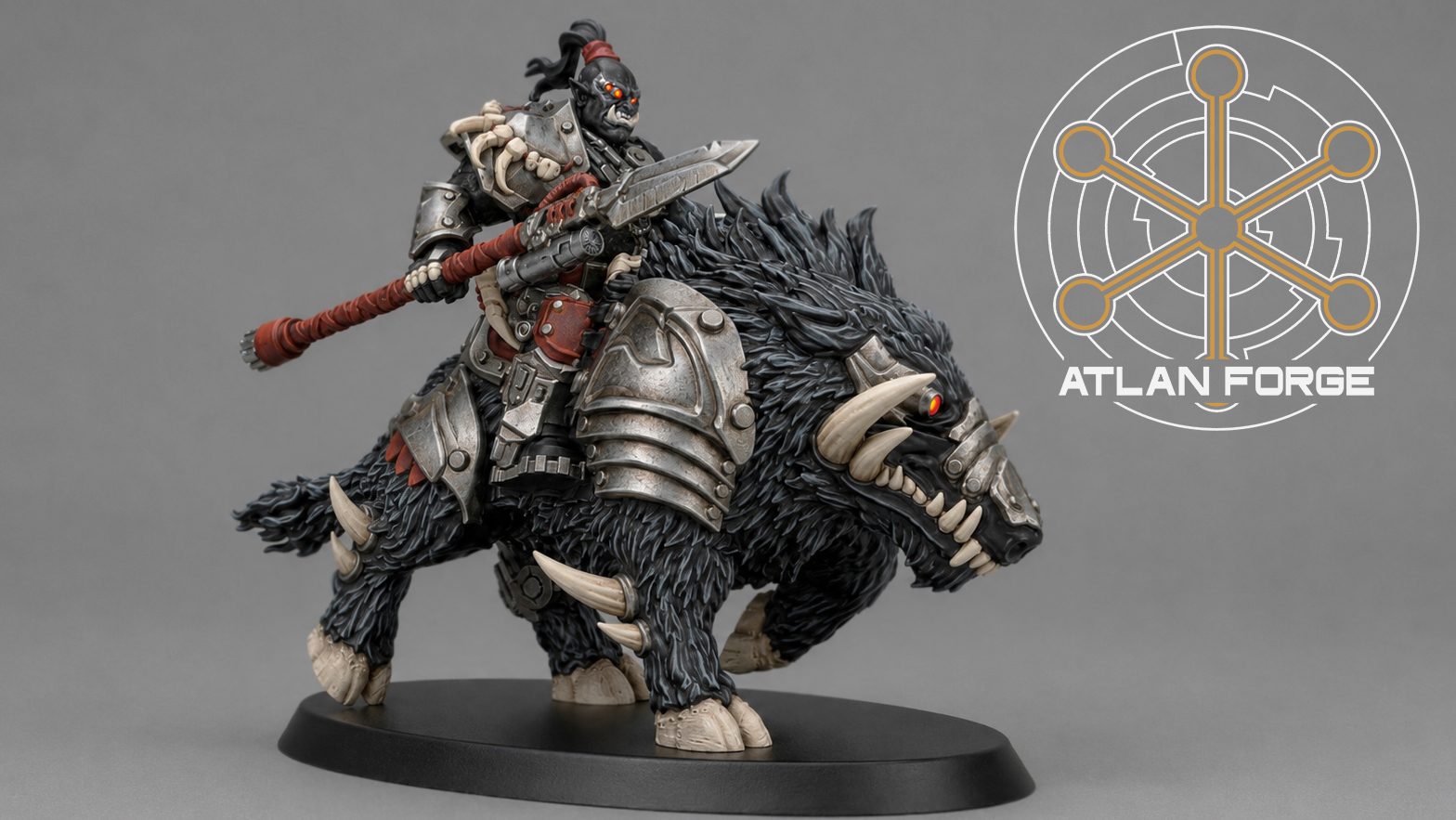 Black warboar rider with long spear levelled, side profile view on oval display base