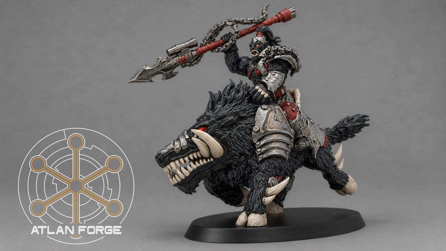 Black warboar rider with chain-wrapped spear raised aloft, dynamic front view showing open jaws and red glowing eyes