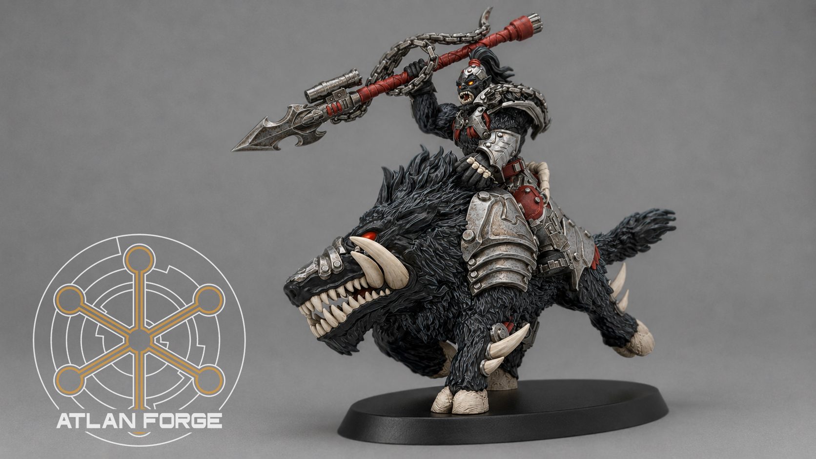 Black warboar rider with chain-wrapped spear raised aloft, dynamic front view showing open jaws and red glowing eyes