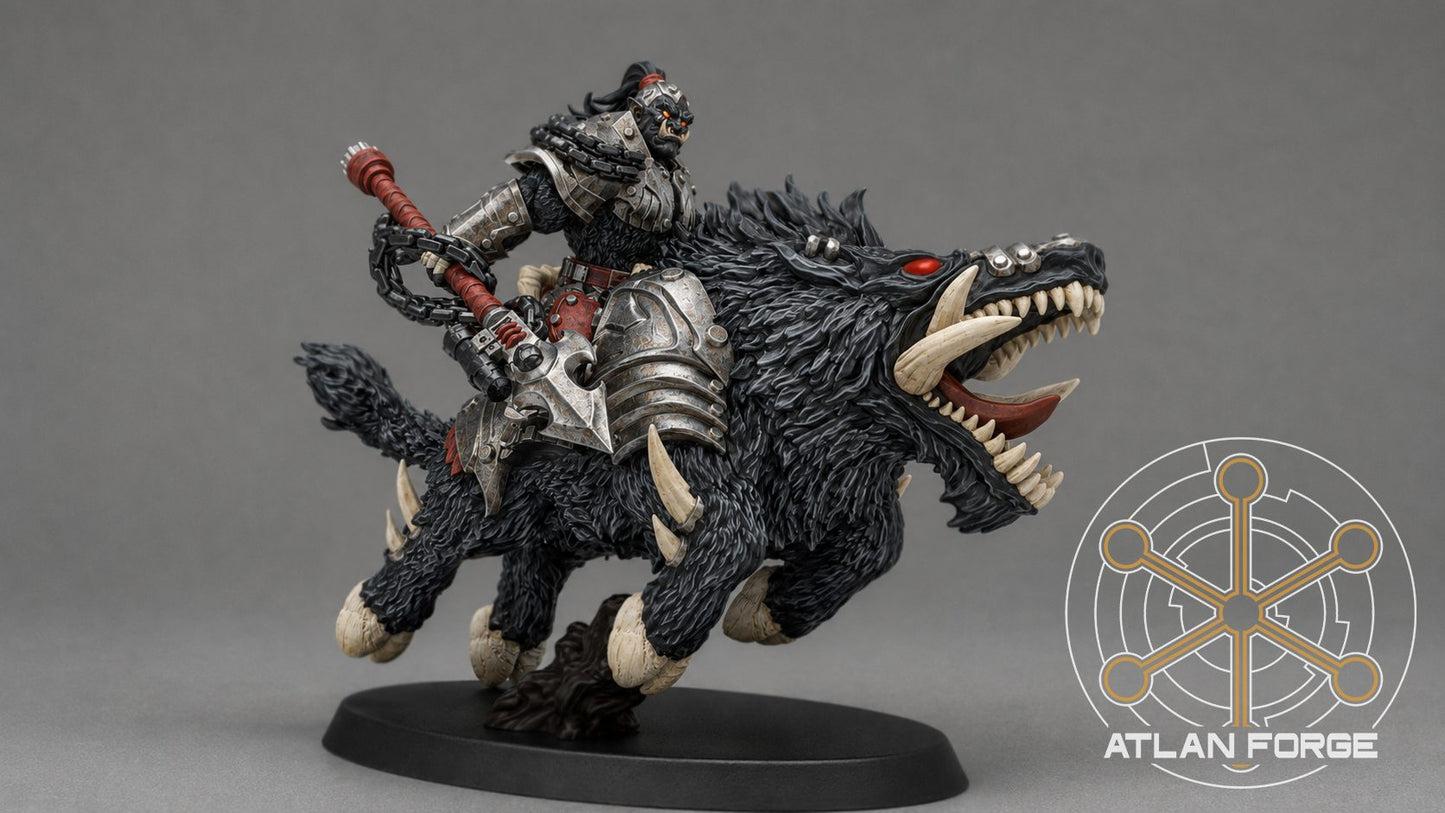 Black warboar rider with axe and chain, low side angle showing open-mouthed beast mid-gallop and full armour detail