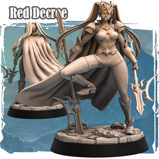 Red Decree Human Fighter 32mm resin miniature, dynamic warrior queen pose with ornate blade and flowing cape