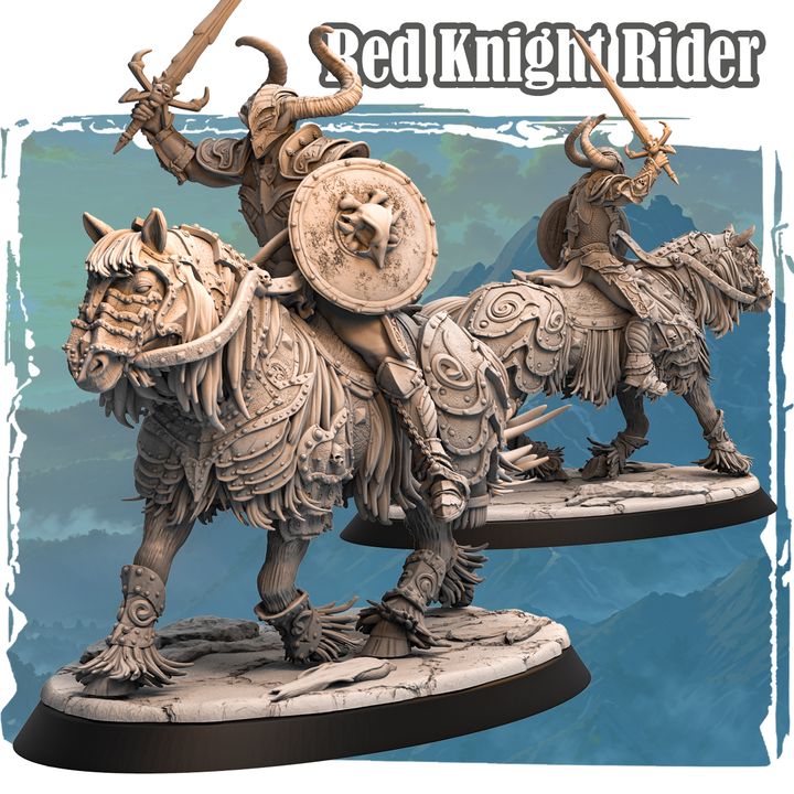 Forgotten Champions Red Knight Rider resin miniature by Haito, armoured warrior on war-beast with lion shield and raised sword, approximately 50mm scale