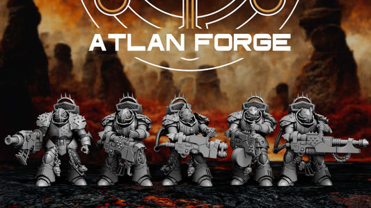 Squad of 5 Vampire Knights Desecrators by Atlan Forge for sci-fi wargaming, showcasing heavy weapon miniatures.