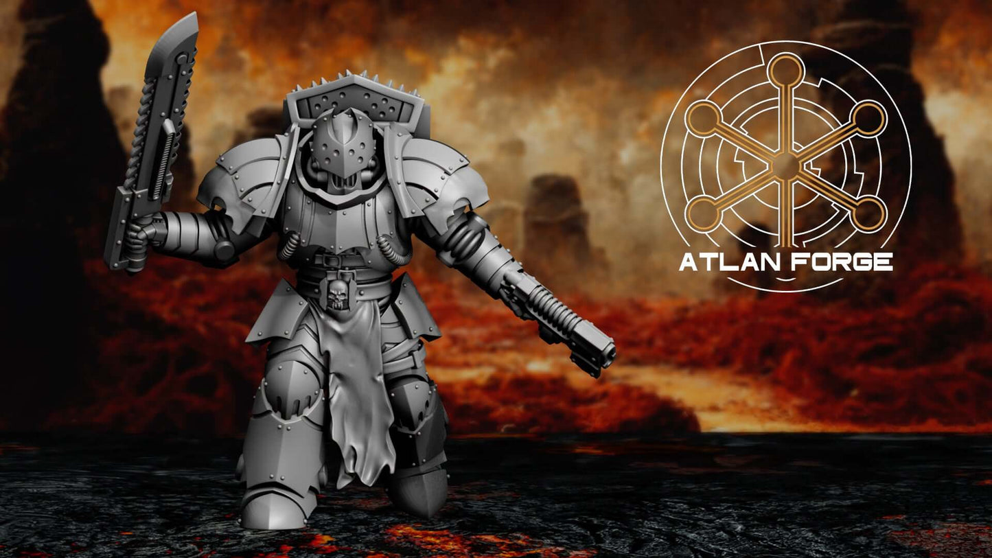 Five gothic sci-fi vampire hunter warriors in heavy spiked armour with swords and claws, standing on a dark volcanic battlefield.