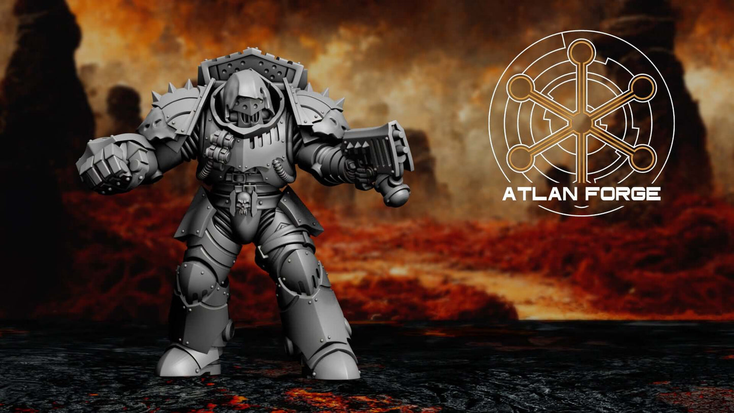 Five gothic sci-fi vampire hunter warriors in heavy spiked armour with swords and claws, standing on a dark volcanic battlefield.