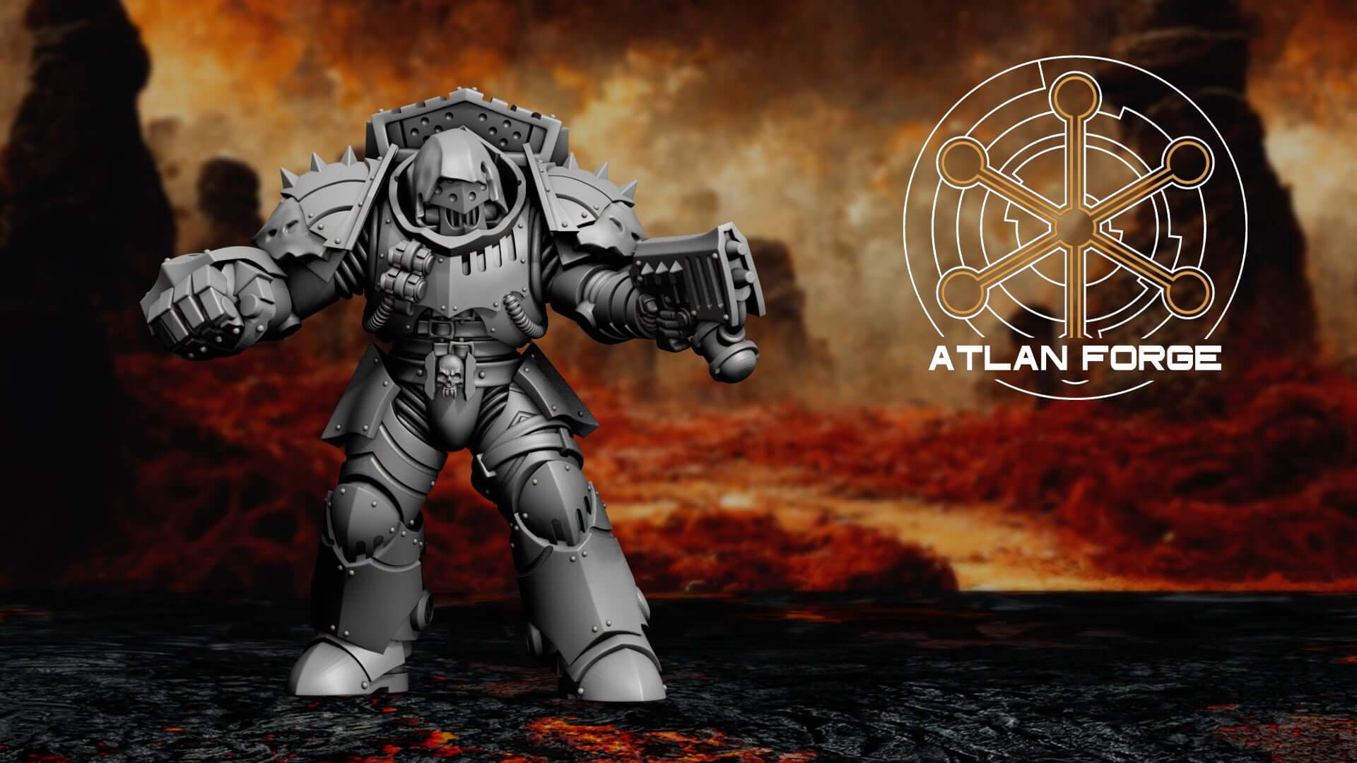 Five gothic sci-fi vampire hunter warriors in heavy spiked armour with swords and claws, standing on a dark volcanic battlefield.