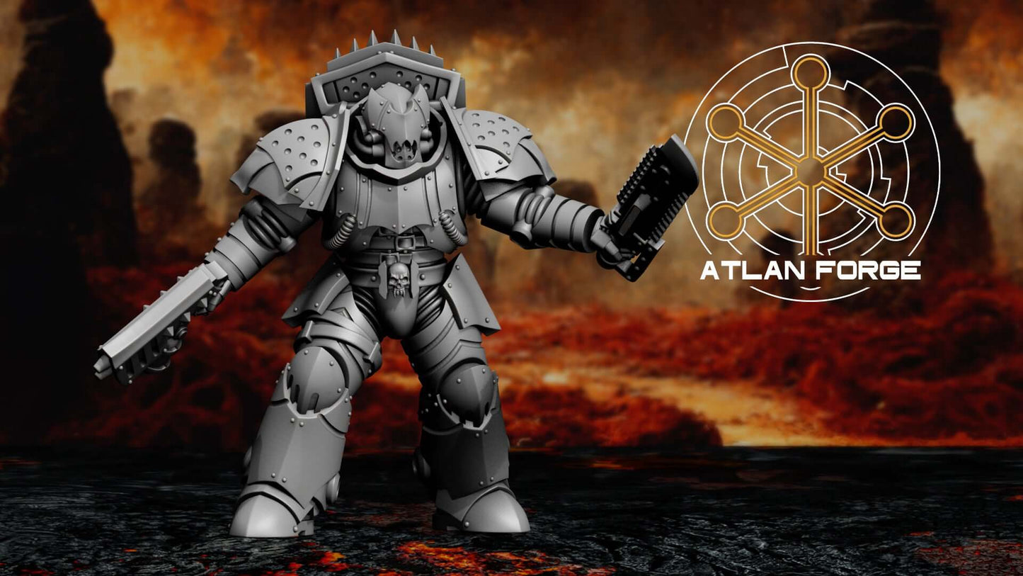 Five gothic sci-fi vampire hunter warriors in heavy spiked armour with swords and claws, standing on a dark volcanic battlefield.