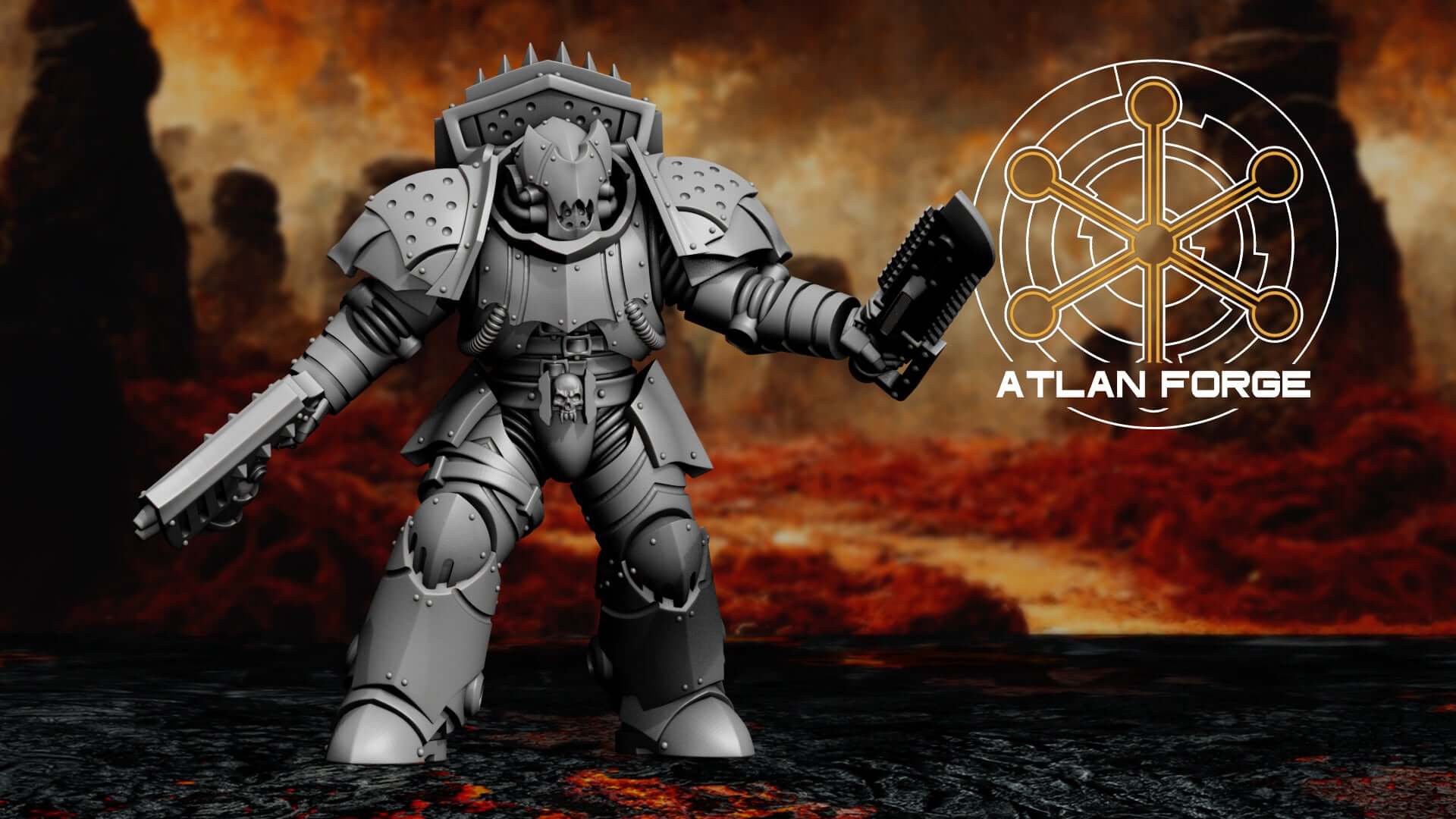 Five gothic sci-fi vampire hunter warriors in heavy spiked armour with swords and claws, standing on a dark volcanic battlefield.